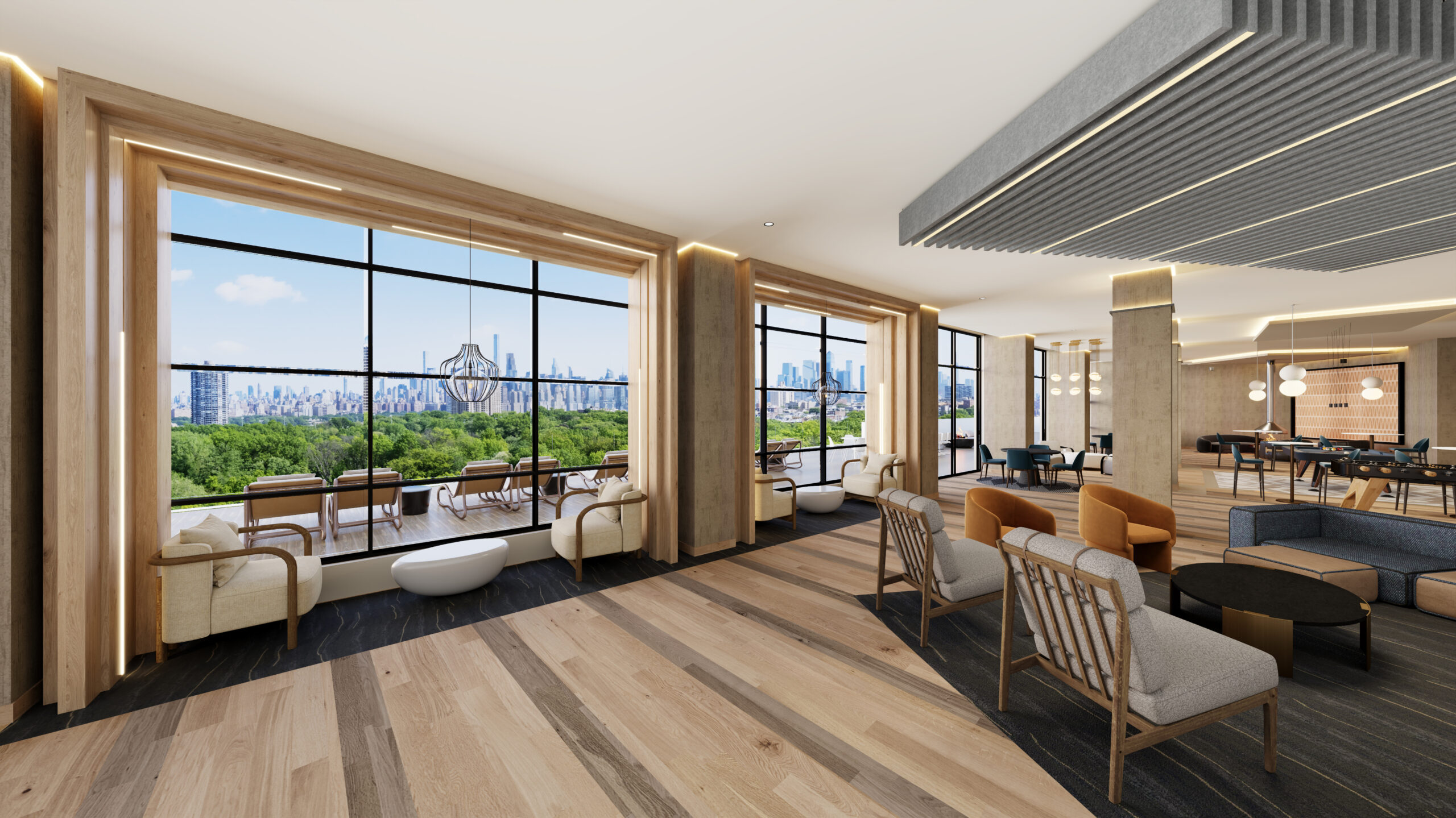 Residents' lounge amenity w/ outdoor terrace, NYC skyline & park views at Braddock Park West, North Bergen luxury apartments.